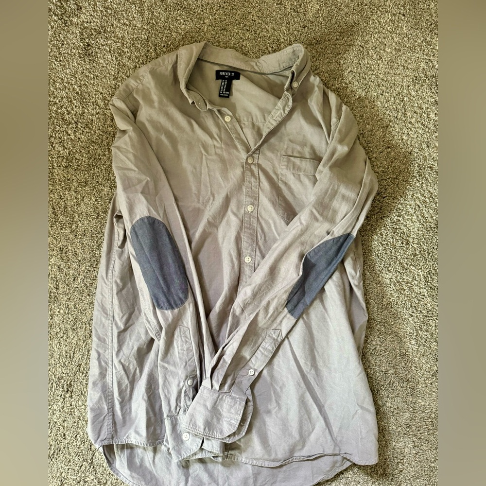 Grey Blue Forever 21 button up shirt with elbow patches